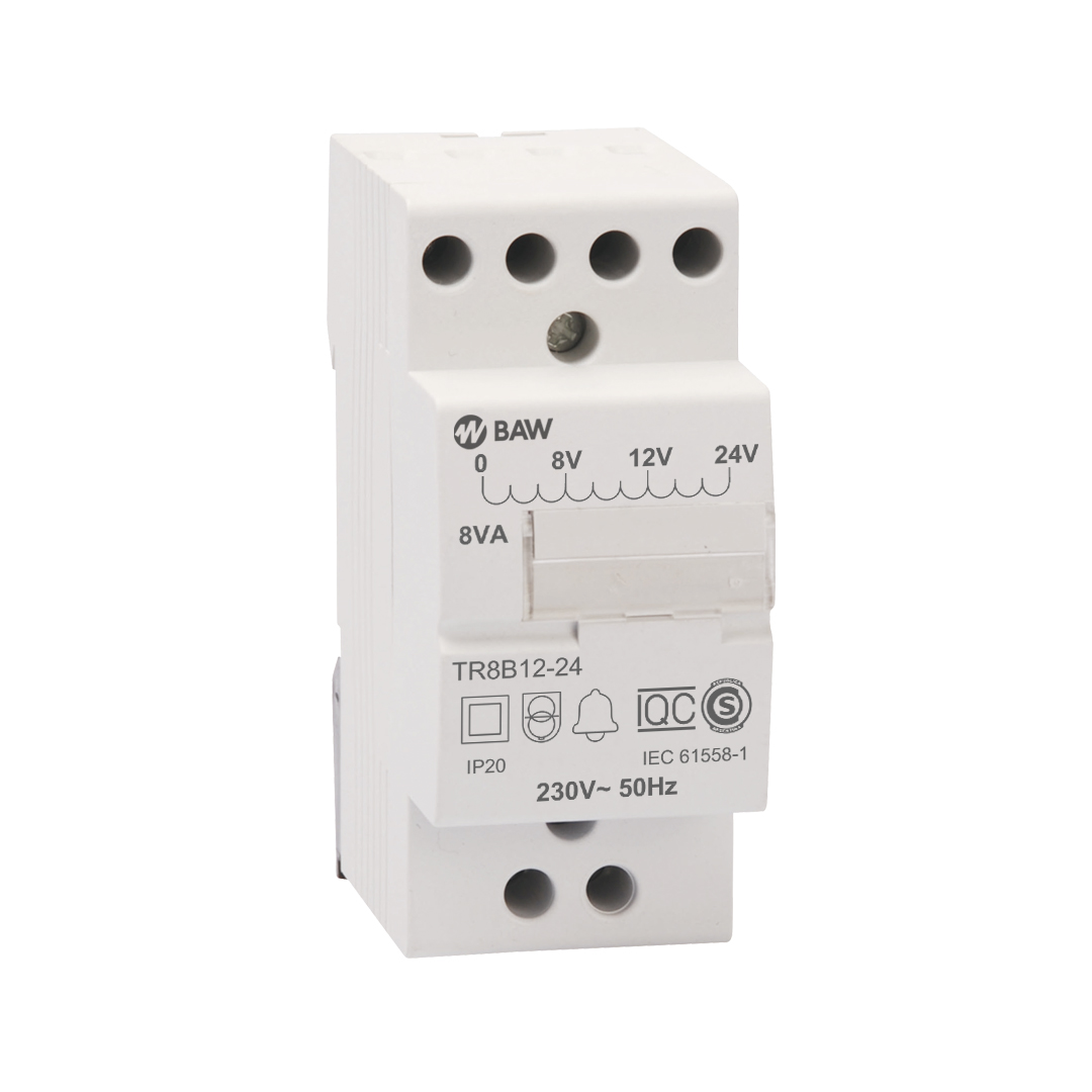 Transformador de aislación p/timbre. 220V/8-12-24V. 50Hz 8VA.