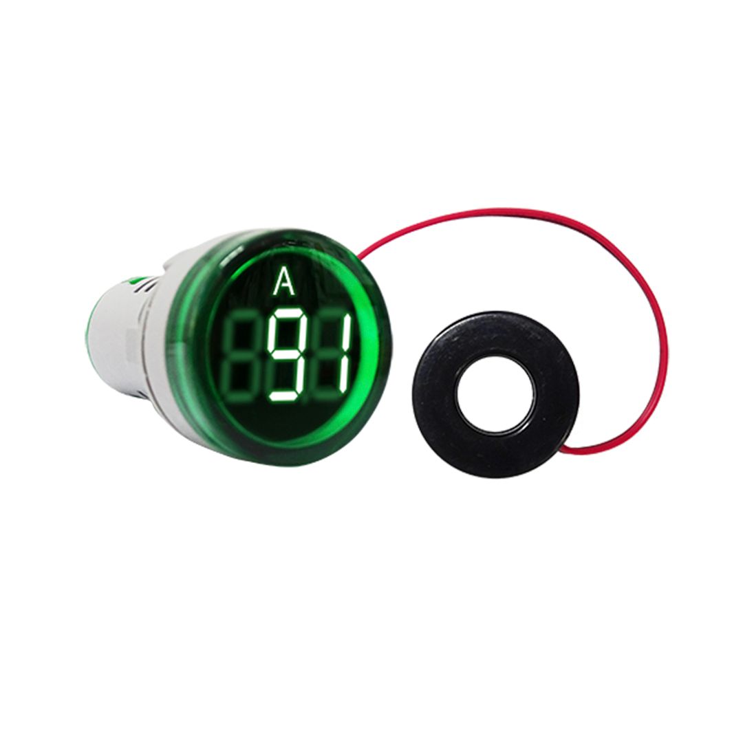 Mini Amperímetro digital LED Ø29mm. 100A~ c/TI. P/panel. VERDE