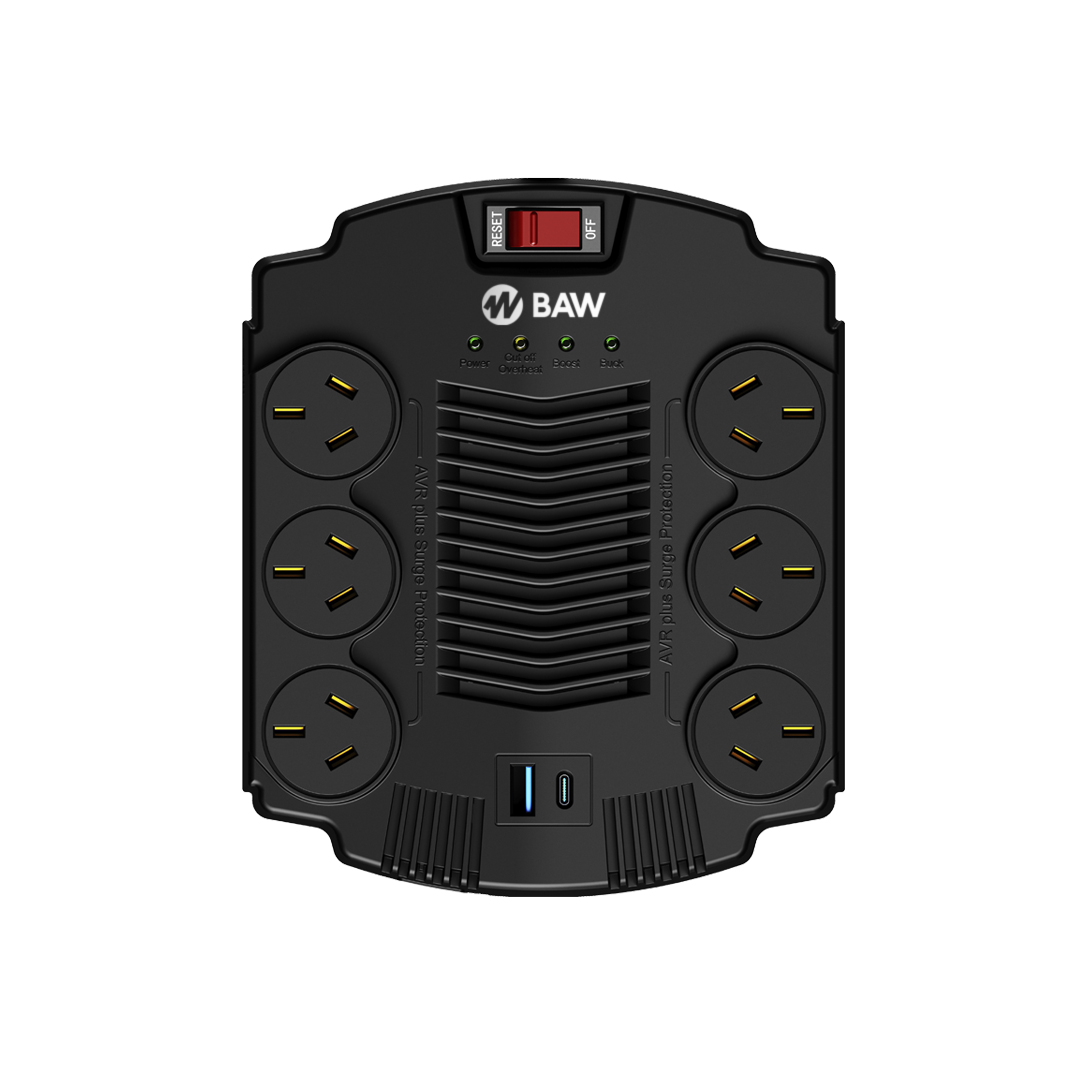 Estabilizador de Tensión Automático 2000VA 1000W con USB BAW ET61000U2Y1 6 Tomas IRAM y AVR